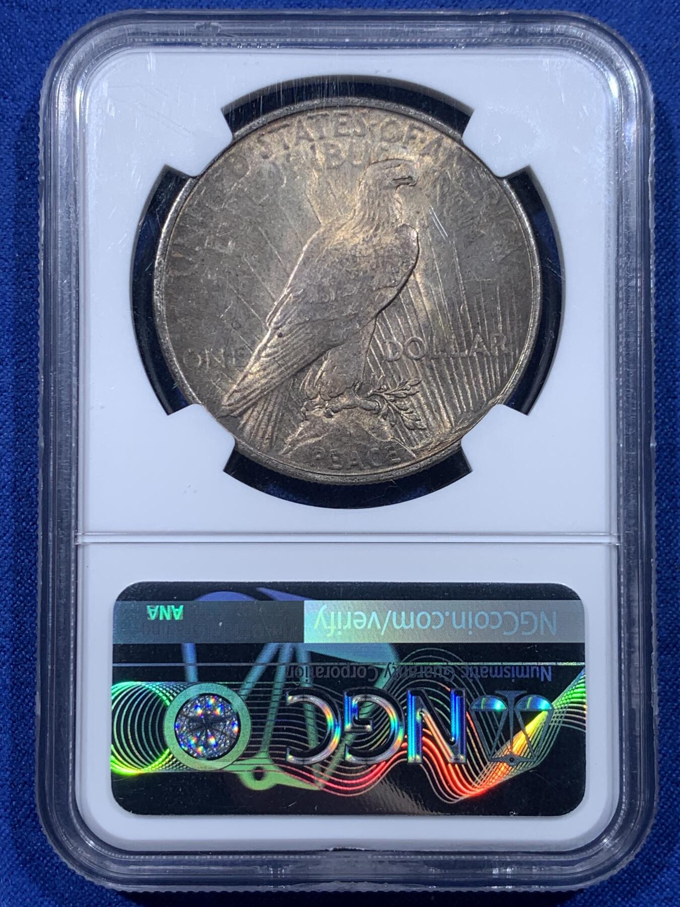 《竞宝斋》第444场 周日，周一，2场连拍 （全场包邮） NGC MS64 美国1924年和平银币 转光效果，双面带点咖色包浆，光度也不错。