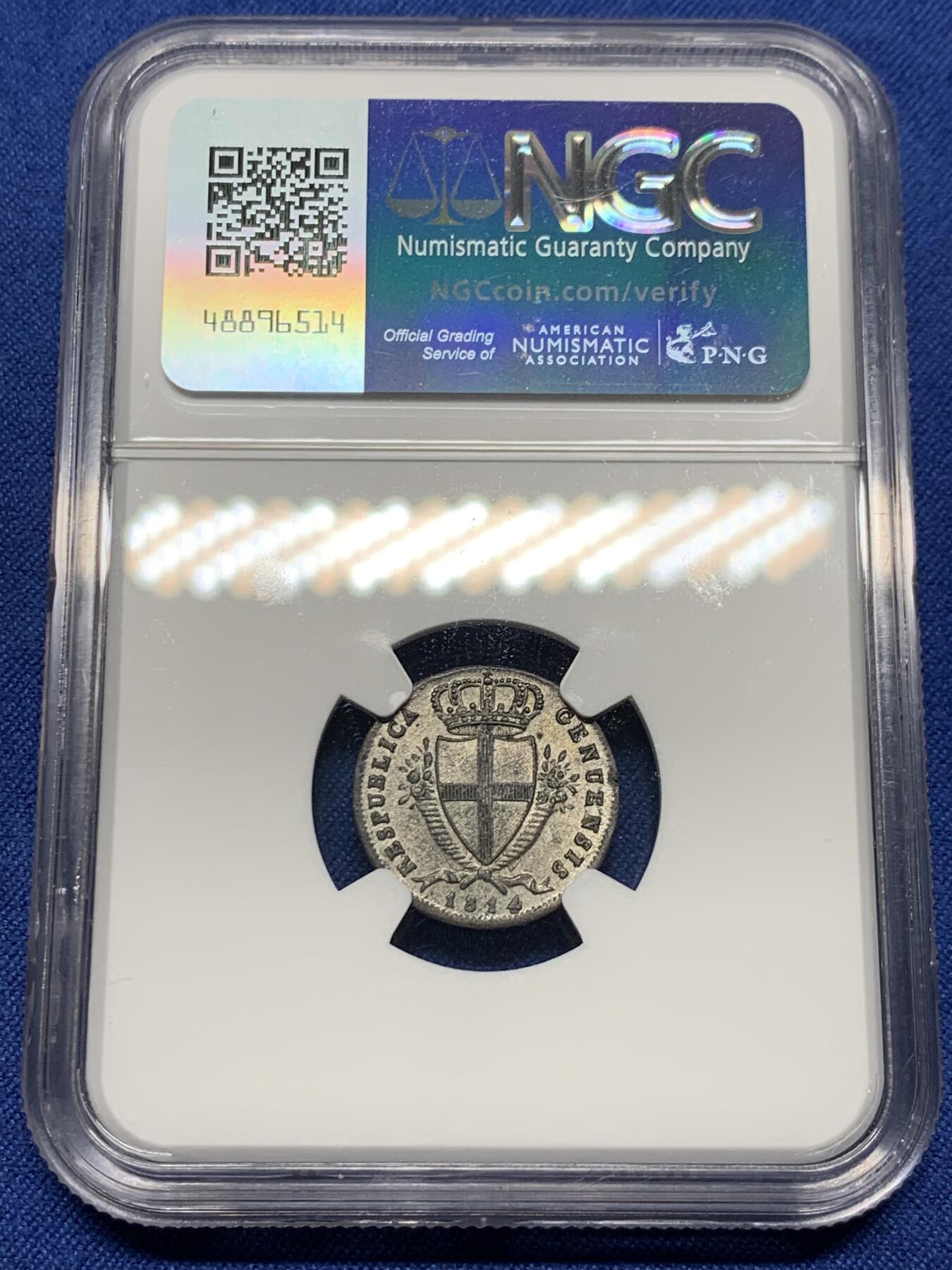 《竞宝斋》第444场 周日，周一，2场连拍 （全场包邮） NGC MS63 意大利热那亚 1814年 2索尔银币 正面圣母图案 背面热那亚徽章 细节极美包浆好 稀缺品种