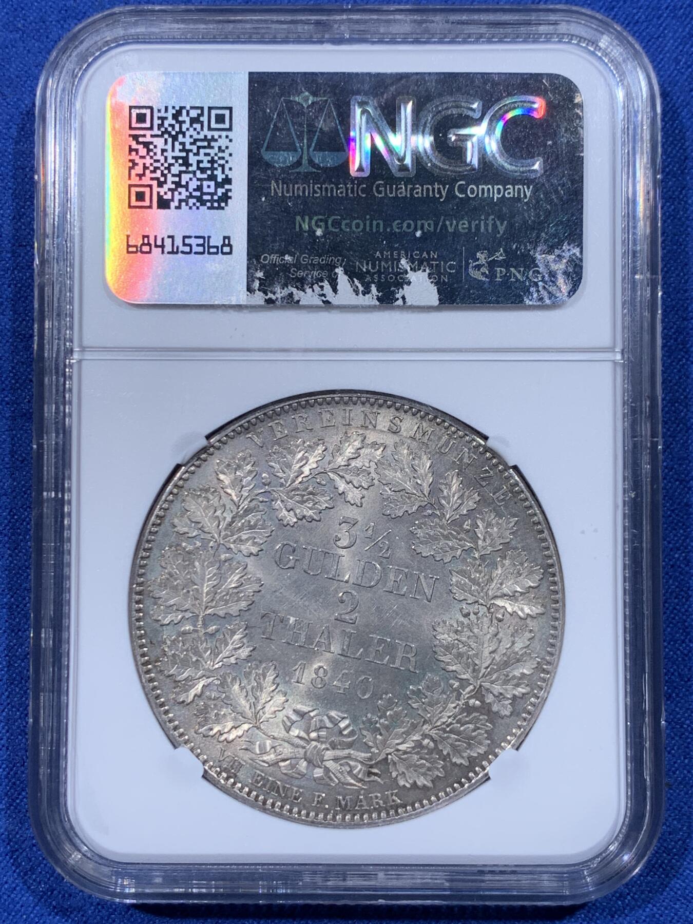 《竞宝斋》第444场 周日，周一，2场连拍 （全场包邮） NGC MS63 德国 1840年 巴伐利亚 路德维希一世 2泰勒 大银币 37克大规格 转光细节都极好 更高分只有3枚
