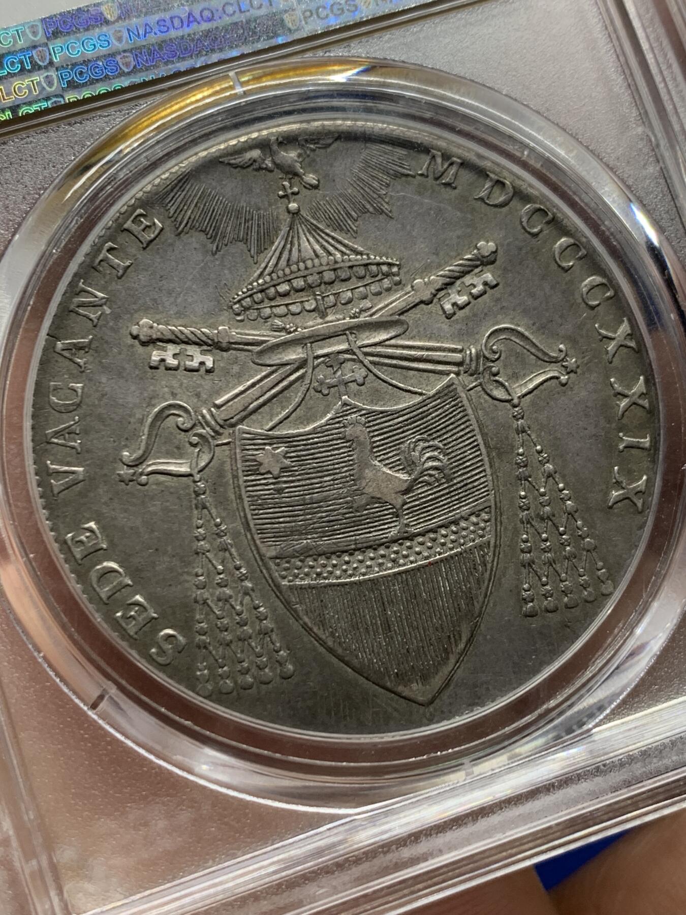 《竞宝斋》第444场 周日，周一，2场连拍 （全场包邮） PCGS XF45 梵蒂冈 教皇国 1829年 教皇缺位 1斯库多 大银币 人像清晰 这个状态在同期教皇国大银币中少见