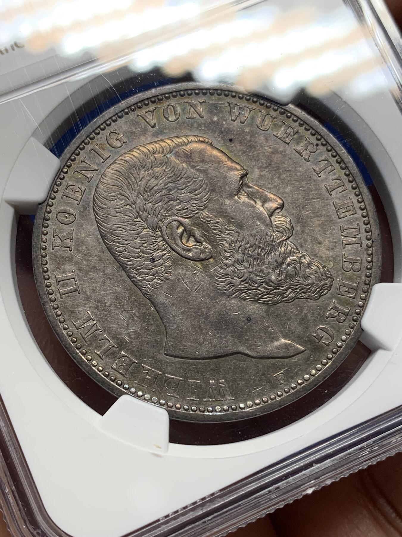 《竞宝斋》第444场 周日，周一，2场连拍 （全场包邮） NGC AUD 德国 1908F 符腾堡威廉二世5马克大银币 双面深包浆