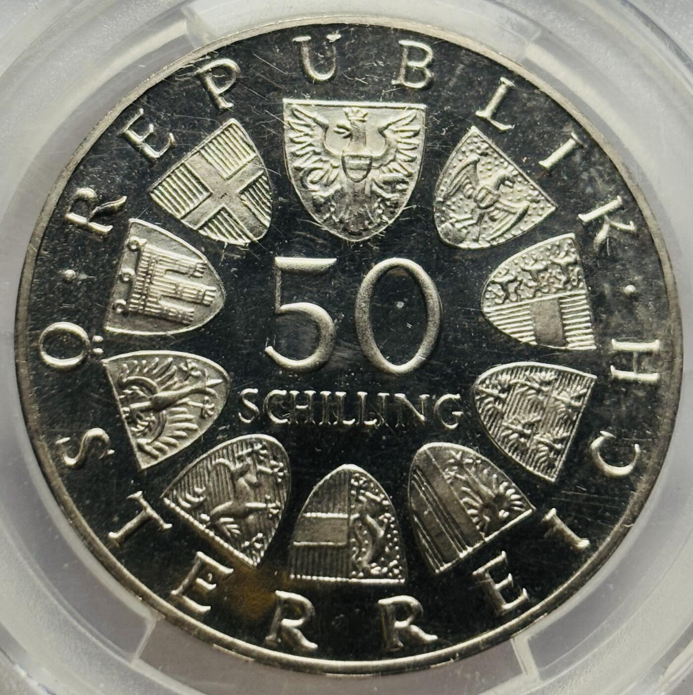 文馨钱币收藏第 283 场，【大雪鉴珍，寒英缀金】金银纪念币精品场，诚邀您的参与【长期接代拍品】 1968 年奥地利共和国 50 周年纪念银币 50 先令，国内知名权威机构爱藏评级 MS66 分