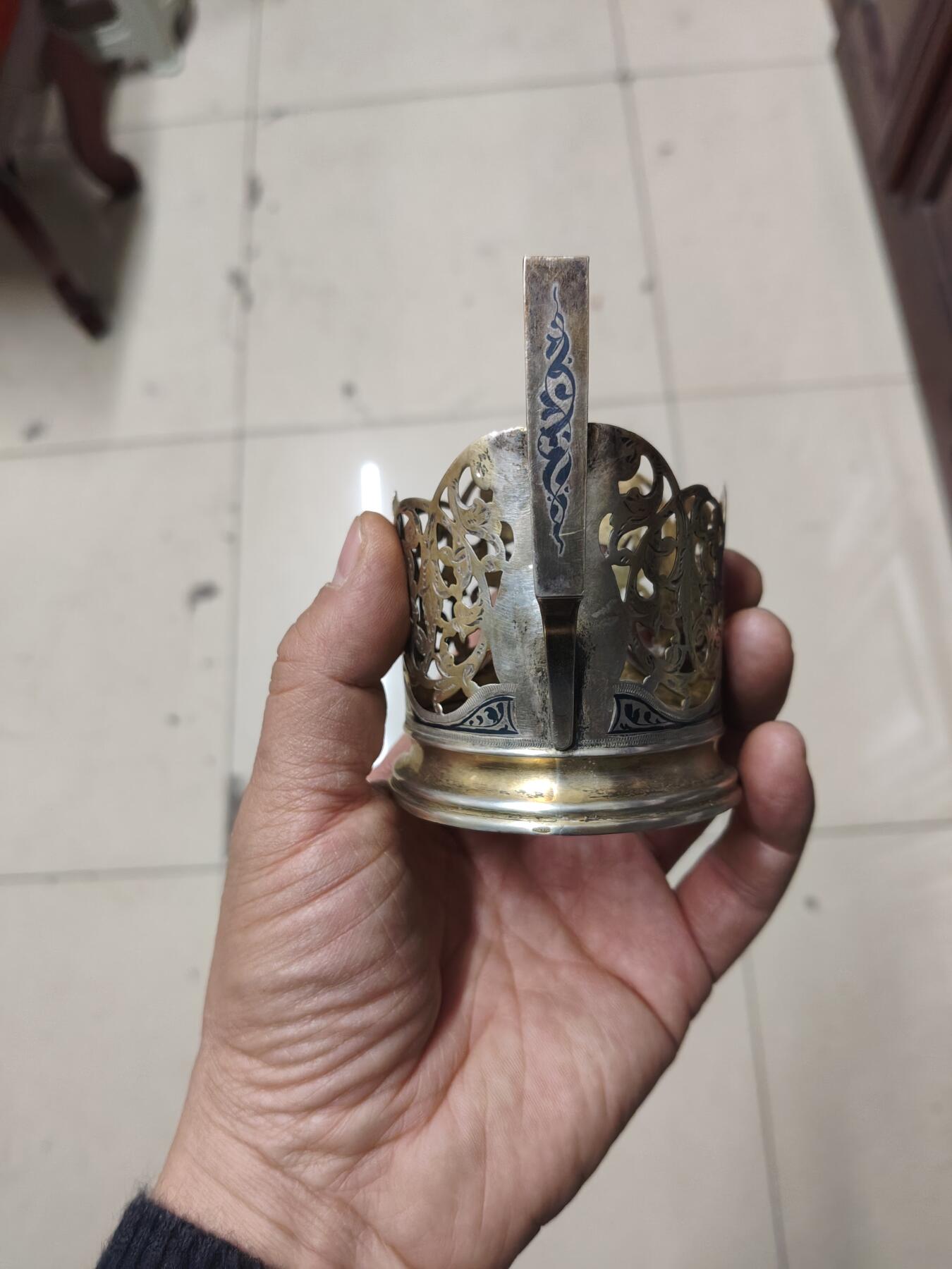 老银件 苏联乌银镶嵌老银制杯托