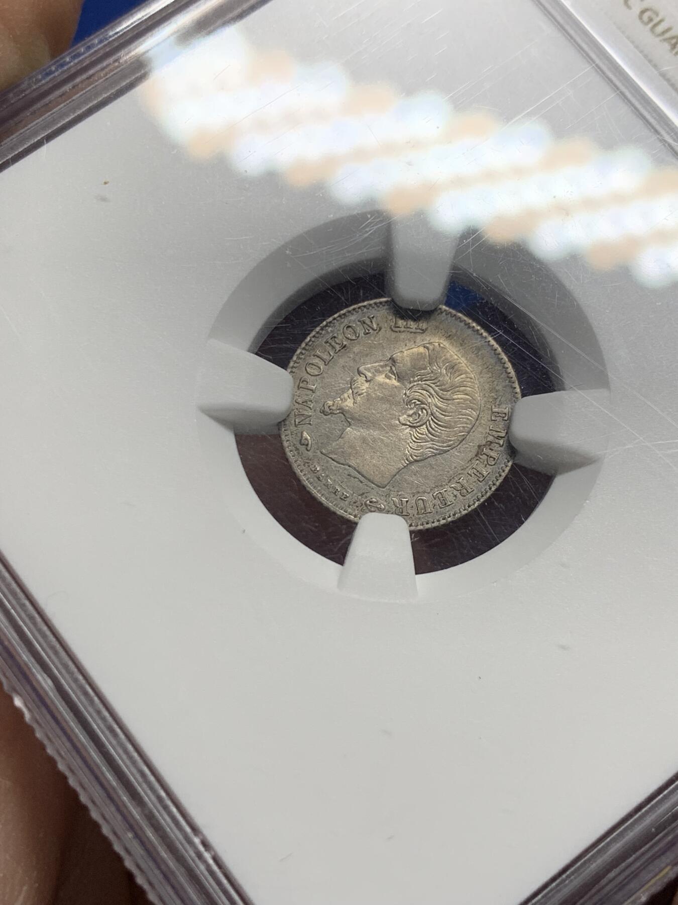 《竞宝斋》第444场 周日，周一，2场连拍 （全场包邮） NGC UNC 法国1860年拿破仑三世20分银币，好品小币种。