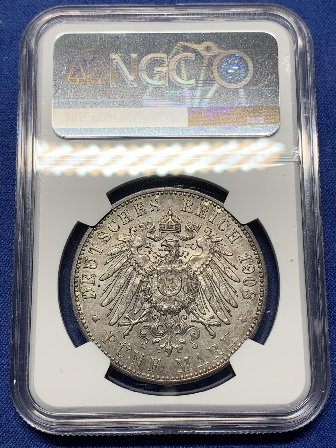 《竞宝斋》第444场 周日，周一，2场连拍 （全场包邮） NGC AUD 德国 1908F 符腾堡威廉二世5马克大银币 双面深包浆