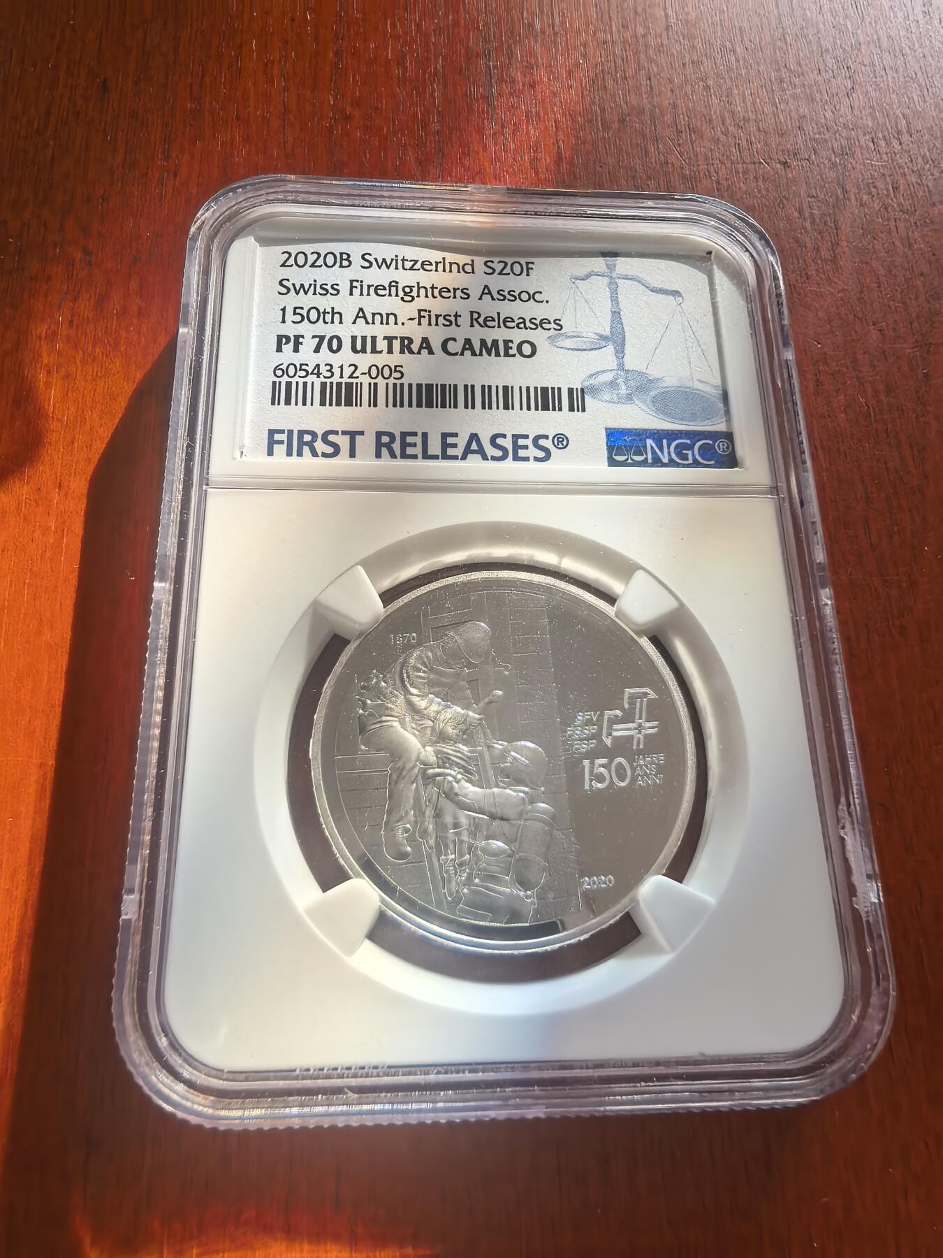 长老汇蛇年精选第七十八场拍卖 2020瑞士消防协会成立150周年20法郎精制银币，NGC PF70UC，五枚冠军之一，首期标