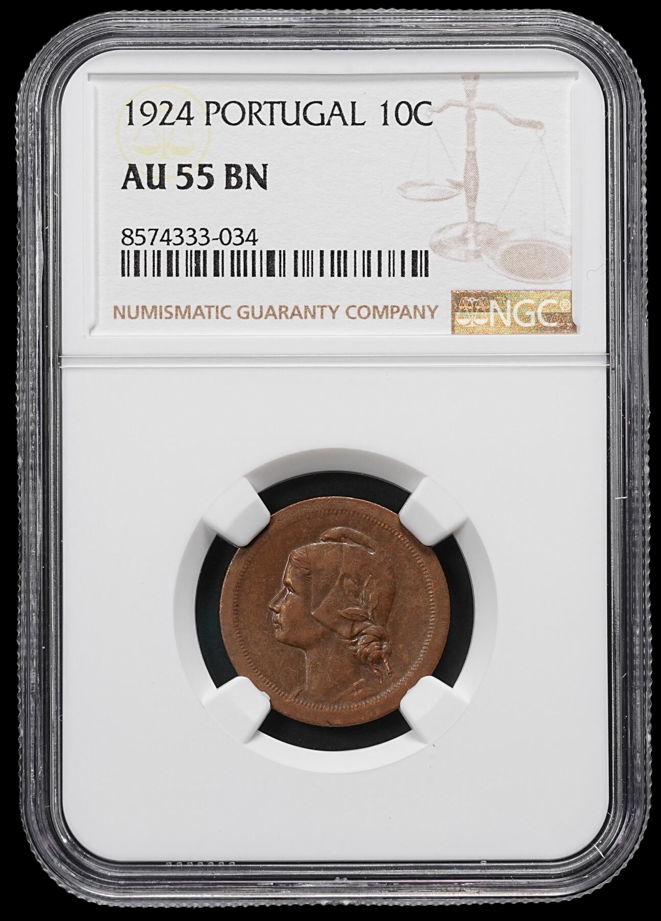 修遠堂世界钱币第九十六期 NGC AU55BN 1924年葡萄牙10分铜币 少见的年份