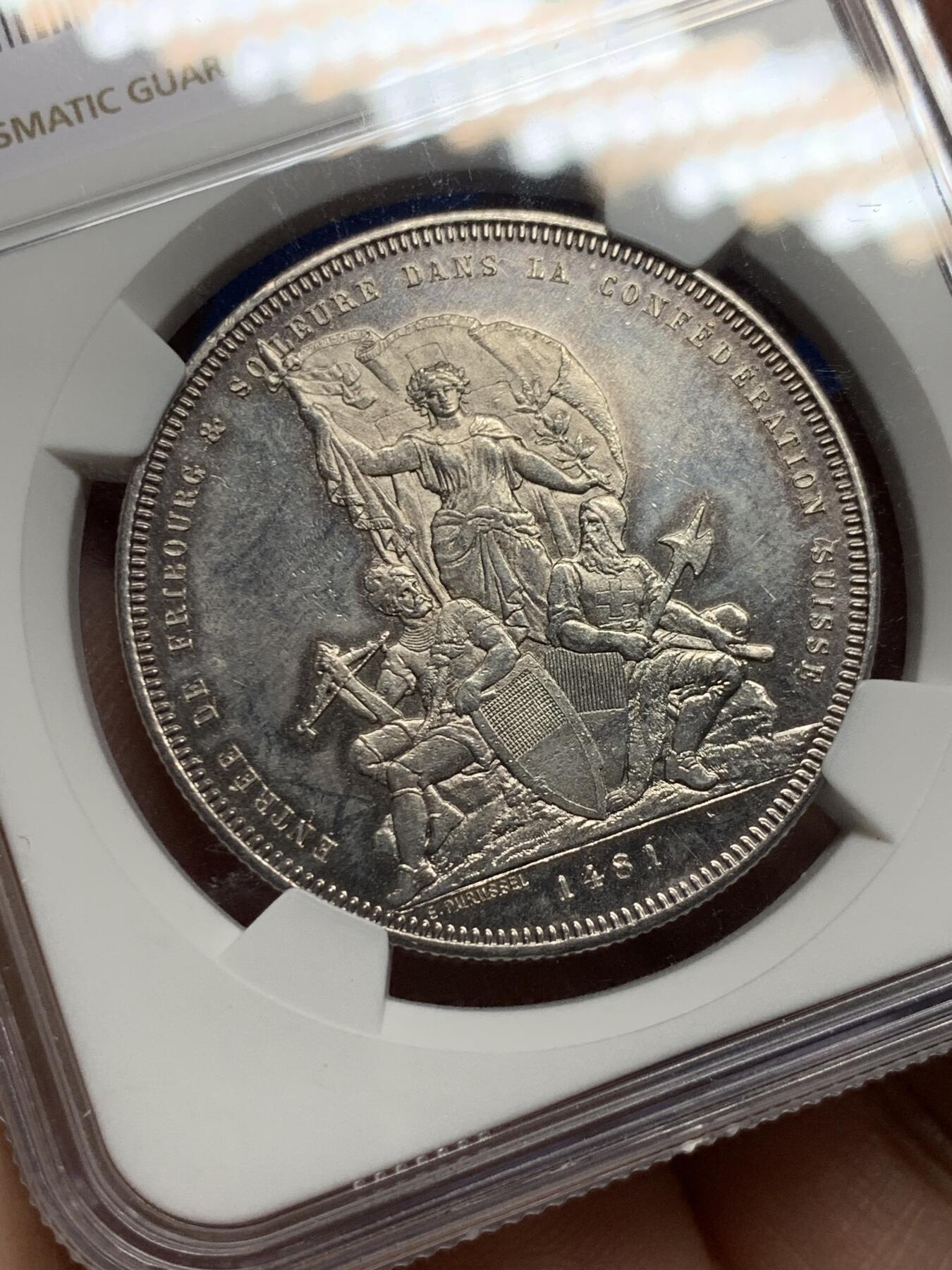 《竞宝斋》第444场 周日，周一，2场连拍 （全场包邮） NGC UNC 1881年瑞士弗莱堡射击节景观5法郎银币，双面PL状态不错。