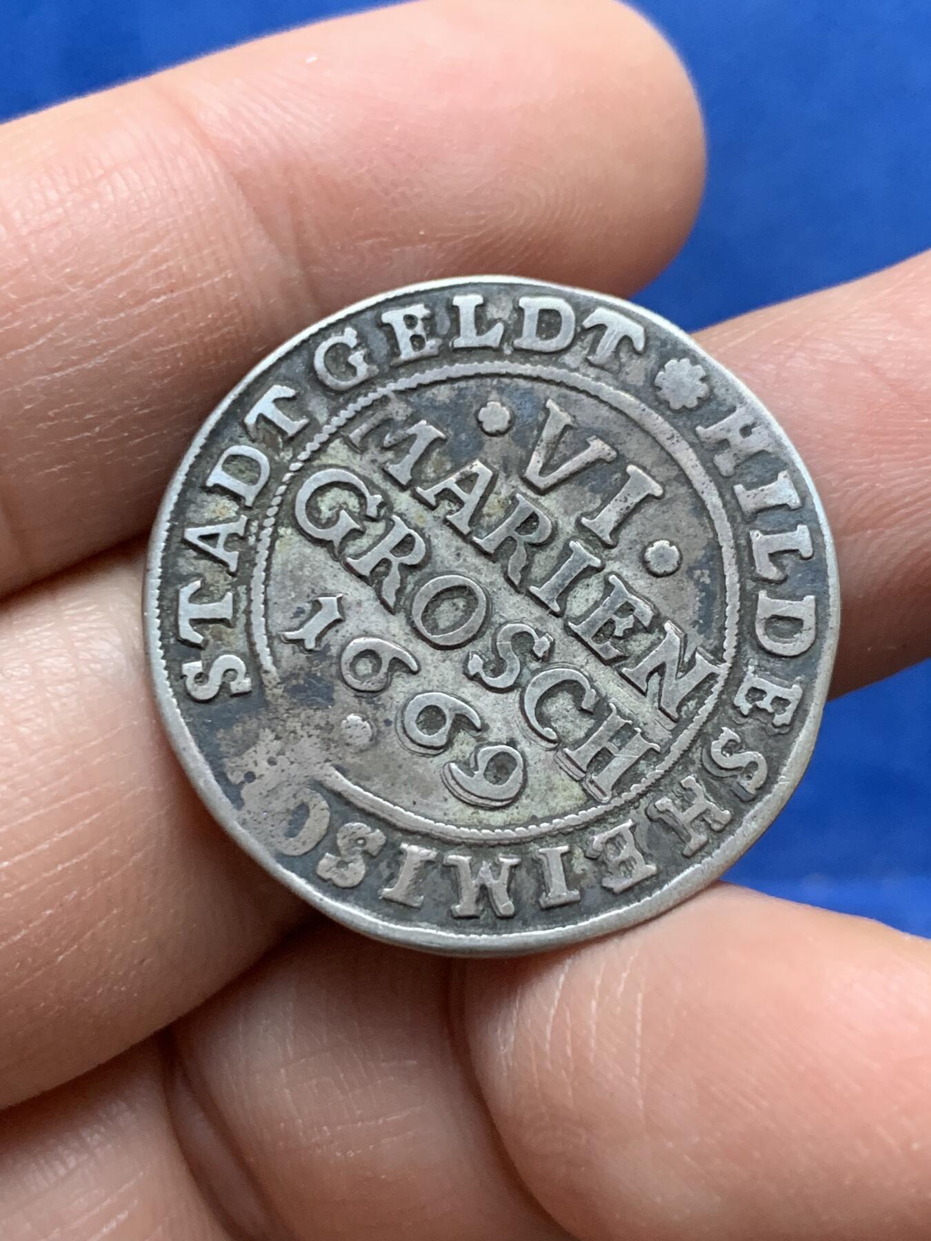 《竞宝斋》第444场 周日，周一，2场连拍 （全场包邮） 1669年德意志邦国-希尔德斯海姆自由市6格罗申银币 此品种好品很少