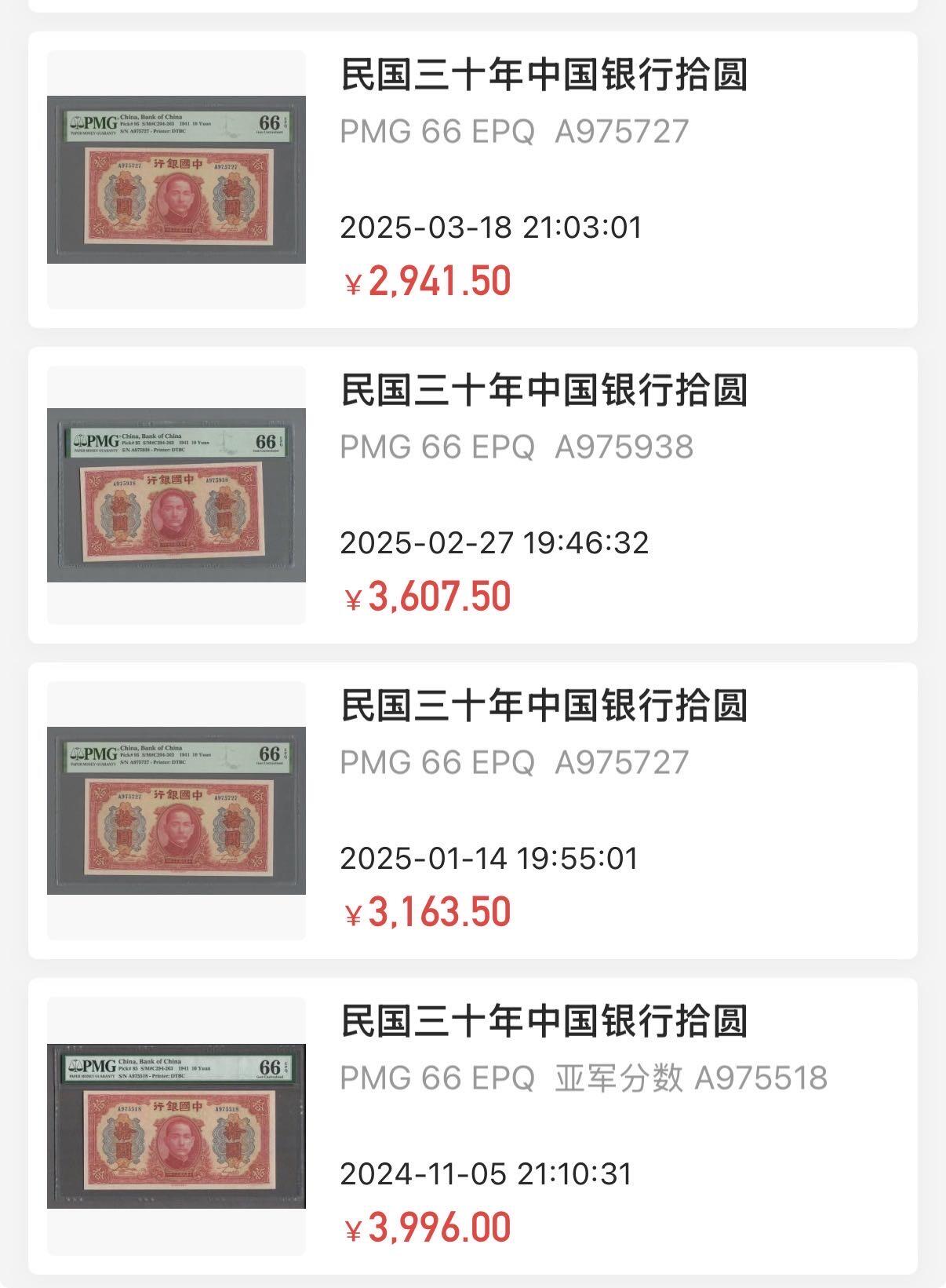 小福收藏拍卖第196期 评级币精选场 大量新增精品 本期有68分倒置号布隆迪世界最大纸币  菲律宾百位靓号100000比索超大纪念钞 巴基斯坦51年100卢比冠军分 泰国69年10铢纪念钞0A冠百位倒置号  文莱06年500吉令特首年首冠 丹麦经典大松鼠  法属印度支那 俄罗斯 玻利维亚 东加勒比 亚美尼亚等多国精美高分珍稀老钞精品纸币 中国银行 1941年 10元 A冠 PMG66 EPQ 亚军分