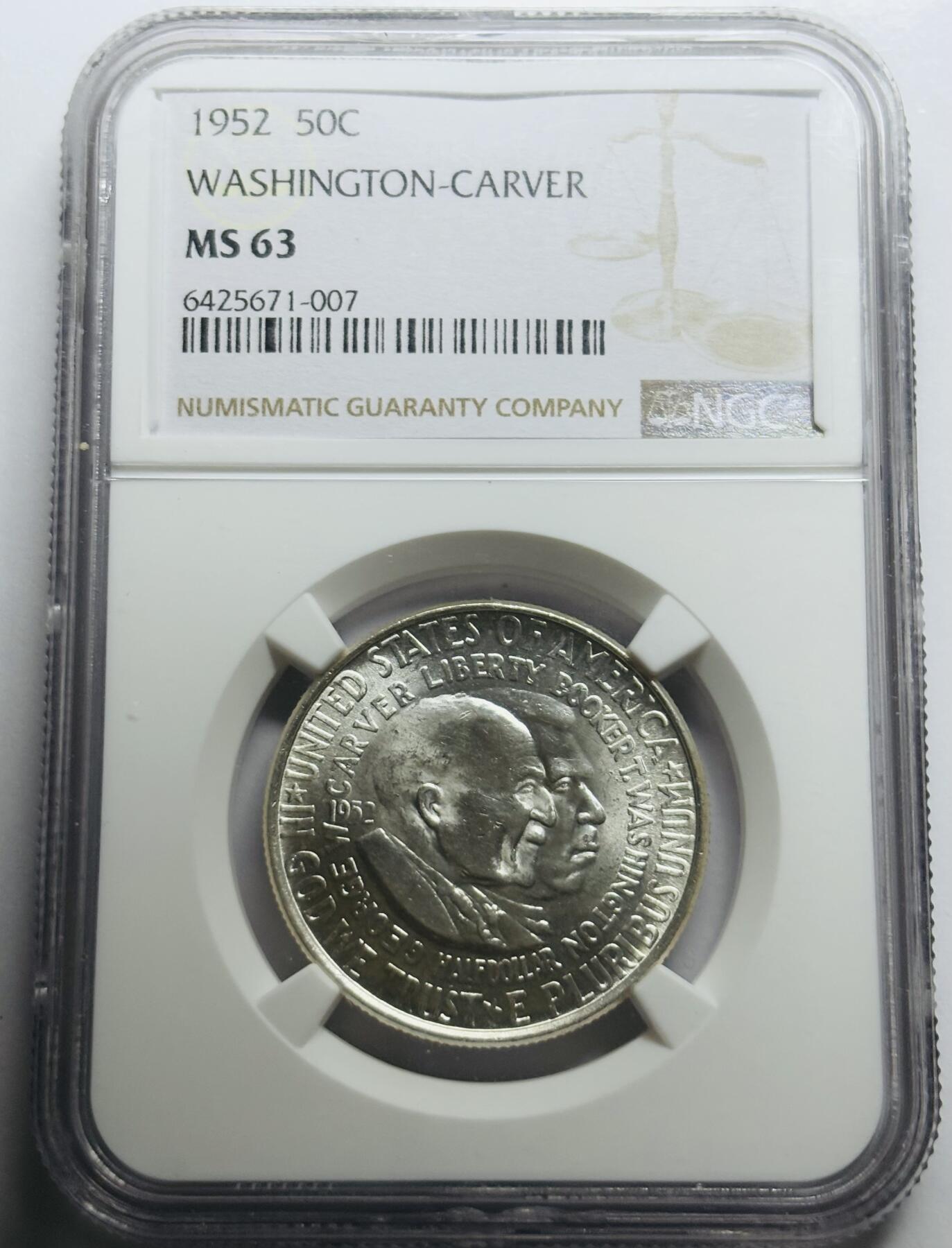 文馨钱币收藏第 283 场，【大雪鉴珍，寒英缀金】金银纪念币精品场，诚邀您的参与【长期接代拍品】 美国1952年50分半元银币，布克·华盛顿和乔治·卡弗 NGC 评级 MS 63 分原光卷拆状态底板丝滑干净
