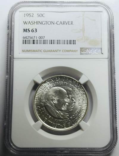 文馨钱币收藏第 283 场，【大雪鉴珍，寒英缀金】金银纪念币精品场，诚邀您的参与【长期接代拍品】 - 美国1952年50分半元银币，布克·华盛顿和乔治·卡弗 NGC 评级 MS 63 分原光卷拆状态底板丝滑干净