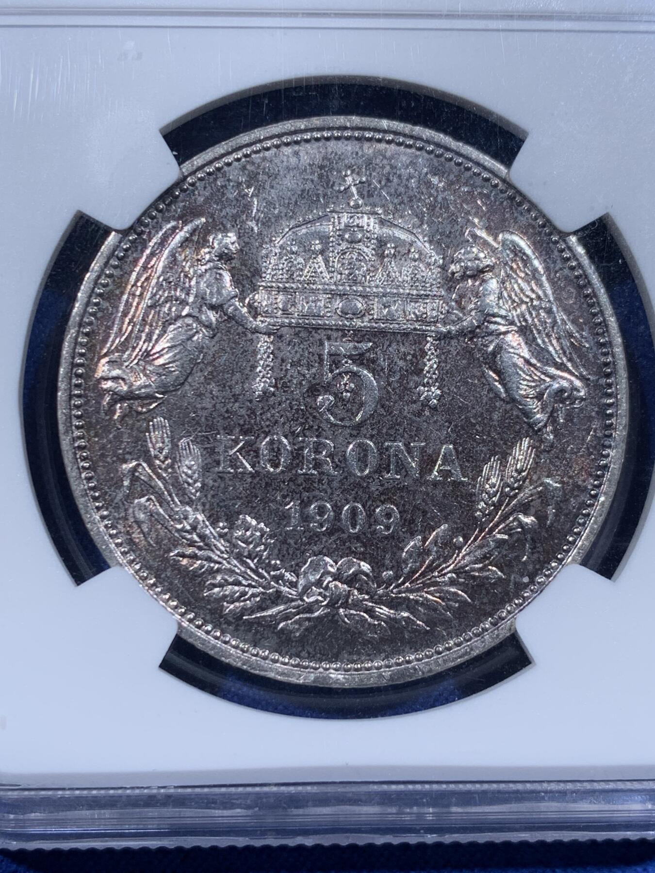 《竞宝斋》第444场 周日，周一，2场连拍 （全场包邮） NGC PF58 匈牙利1909年奥匈帝国弗兰茨5克朗双天使精制银币，后铸版，原汁原味老包浆，包浆醇厚，状态极佳。