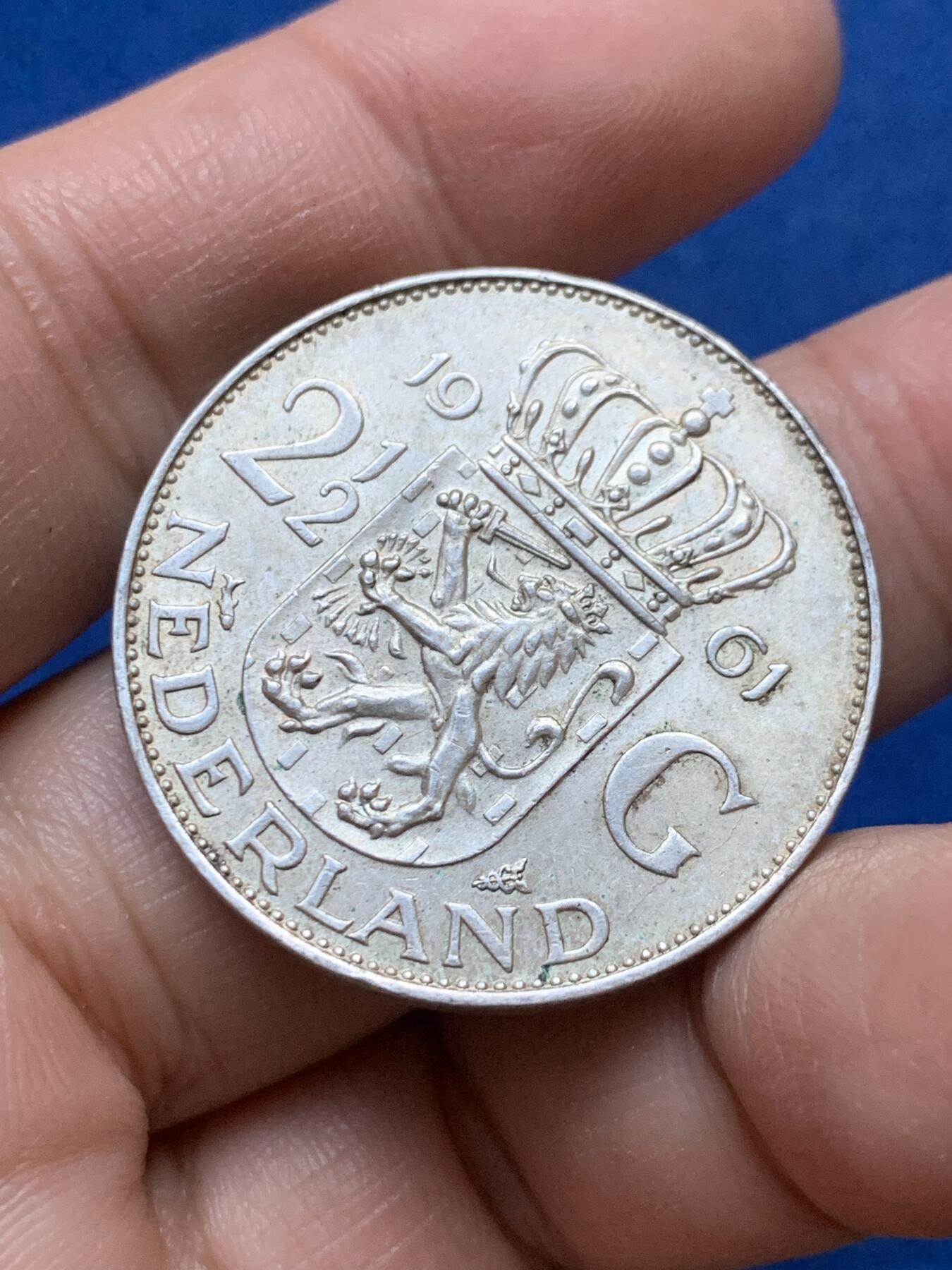 《竞宝斋》第444场 周日，周一，2场连拍 （全场包邮） 荷兰1961年朱莉安娜女王2.5盾银币