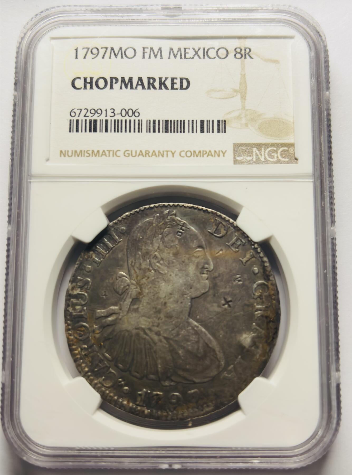 文馨钱币收藏第 283 场，【大雪鉴珍，寒英缀金】金银纪念币精品场，诚邀您的参与【长期接代拍品】 1797 年西属墨西哥 8 里亚尔大银币，NGC评级，有加盖戳记，说明了当时货币交易流通频繁的历史荣光