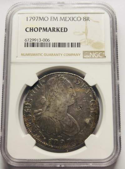 文馨钱币收藏第 283 场，【大雪鉴珍，寒英缀金】金银纪念币精品场，诚邀您的参与【长期接代拍品】 - 1797 年西属墨西哥 8 里亚尔大银币，NGC评级，有加盖戳记，说明了当时货币交易流通频繁的历史荣光