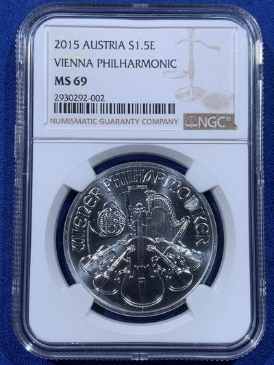 《竞宝斋》第444场 周日，周一，2场连拍 （全场包邮） - NGC MS69 奥地利2015年1.5欧元乐器1盎司大银币