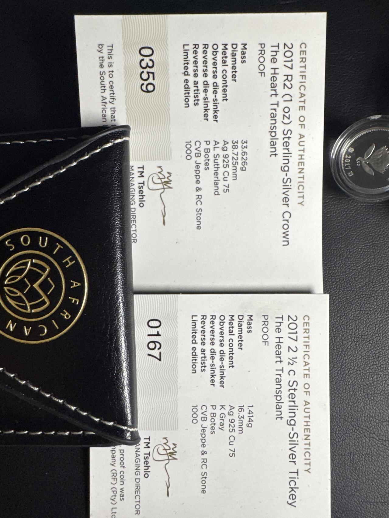 ❤️【币观天下】❤️ 第333期钱币拍卖- 2025.12.5周五晚上6点半场-长期征集拍品 获奖币南非2017年心脏移植手术精制银币大小一对（分开包装版）