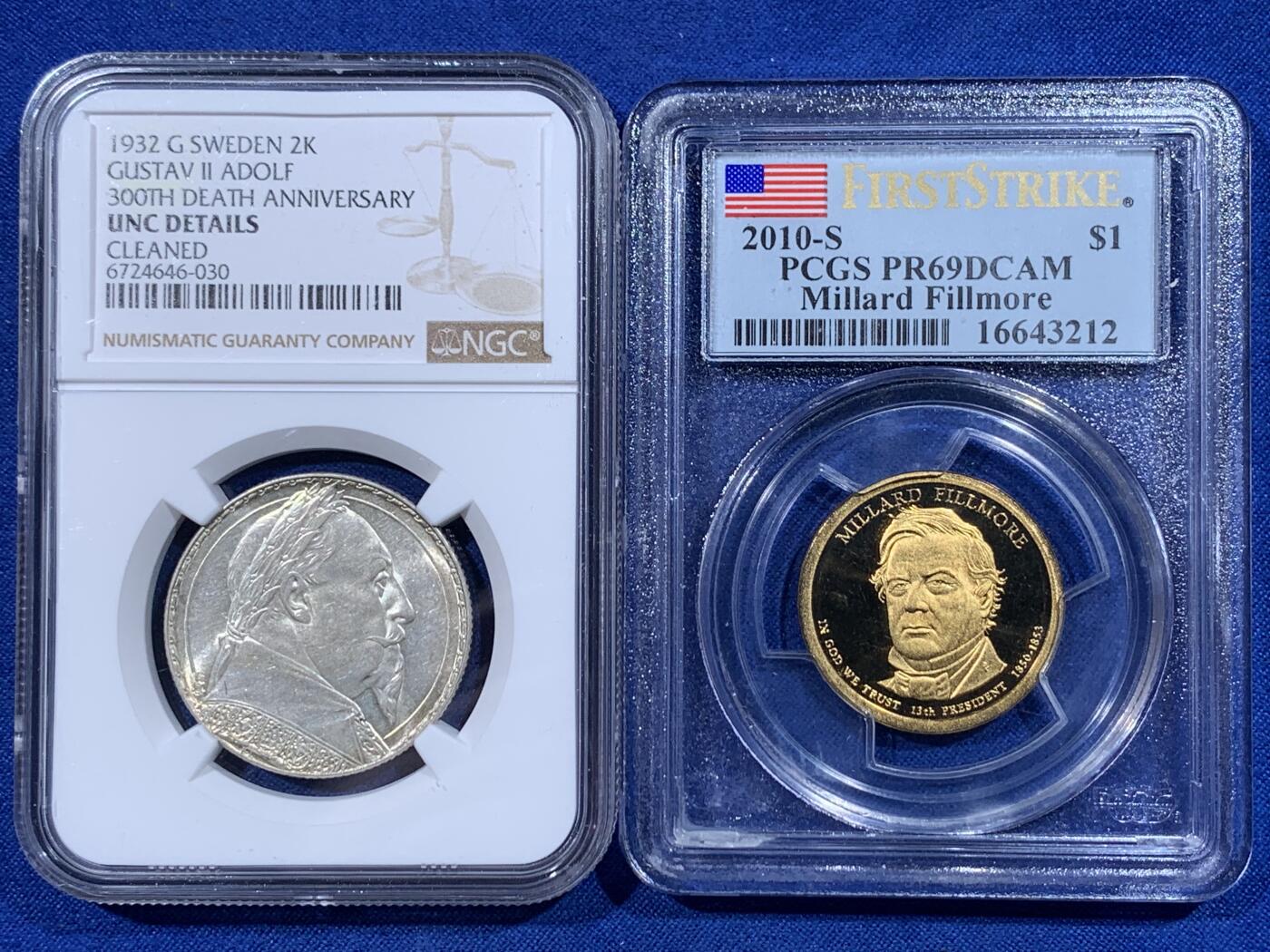 《竞宝斋》第444场 周日，周一，2场连拍 （全场包邮） 两枚一组 PCGS PR69DCAM 2010-S 米勒德-菲尔莫尔 美国总统币1美元（盒子有磕） + NGC UNCD 瑞典1932年古斯塔夫诞辰300周年纪念2克朗银币