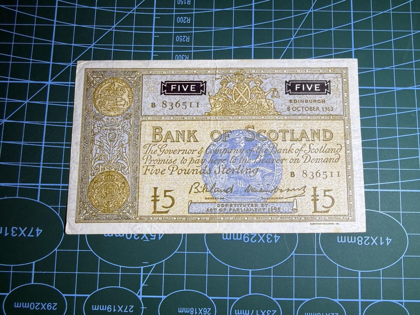【炜奕收藏】，第五十二期 1963年苏格兰银行5镑，品相如图，号码无47