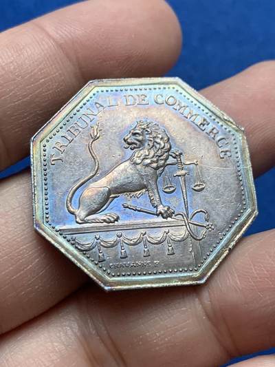 《竞宝斋》第444场 周日，周一，2场连拍 （全场包邮） - 法国里尔商业法院八角银质代币  33mm 15.3g 手指铭 早期版本 细节包浆都不错 