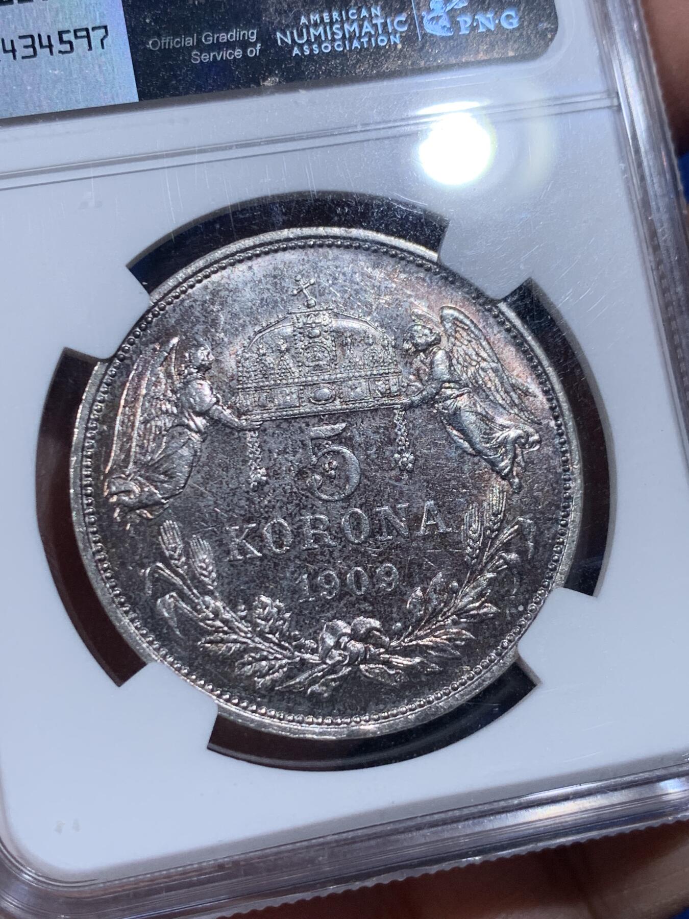 《竞宝斋》第444场 周日，周一，2场连拍 （全场包邮） NGC PF58 匈牙利1909年奥匈帝国弗兰茨5克朗双天使精制银币，后铸版，原汁原味老包浆，包浆醇厚，状态极佳。