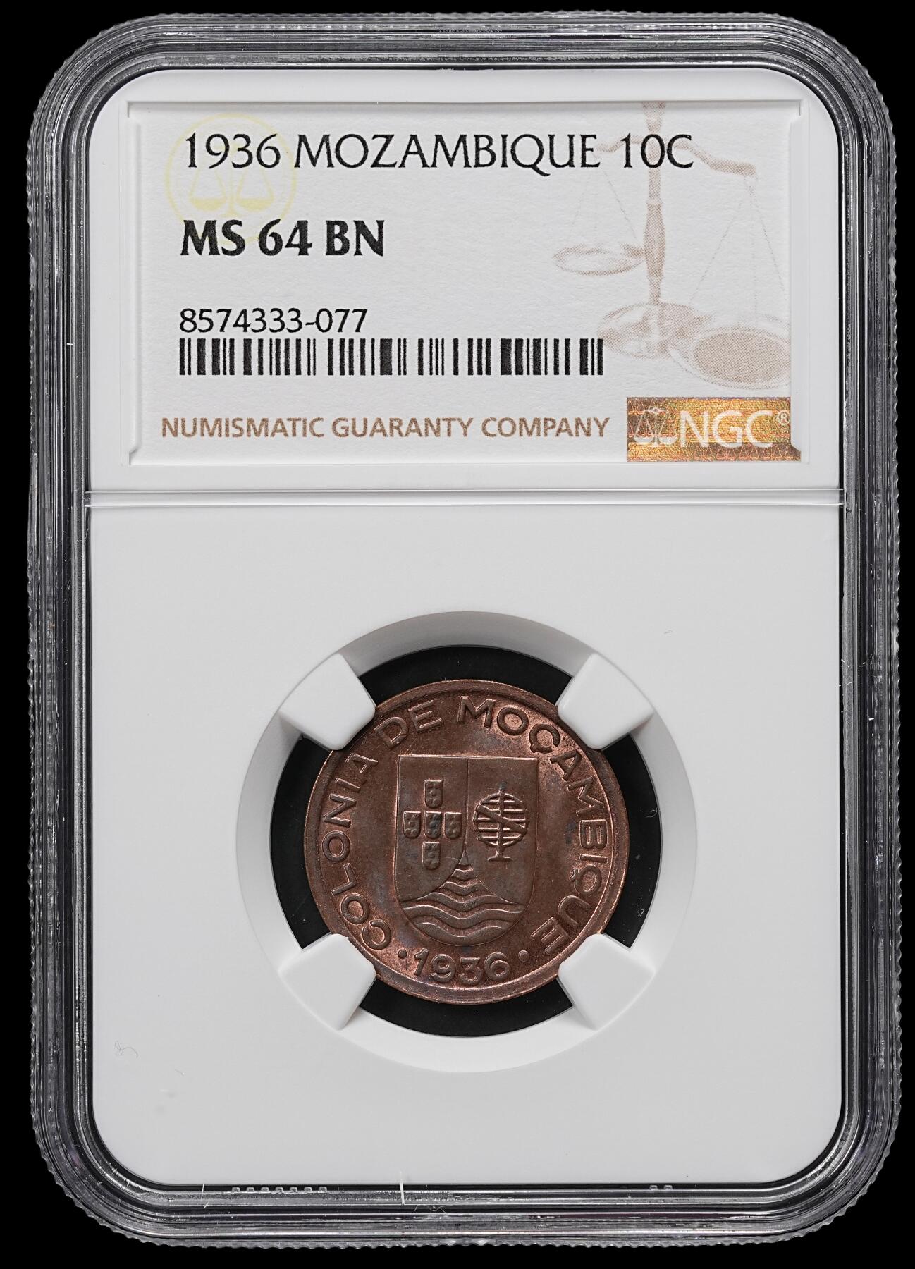 修遠堂世界钱币第九十六期 NGC MS64BN 1936年葡属莫桑比克10分铜币
