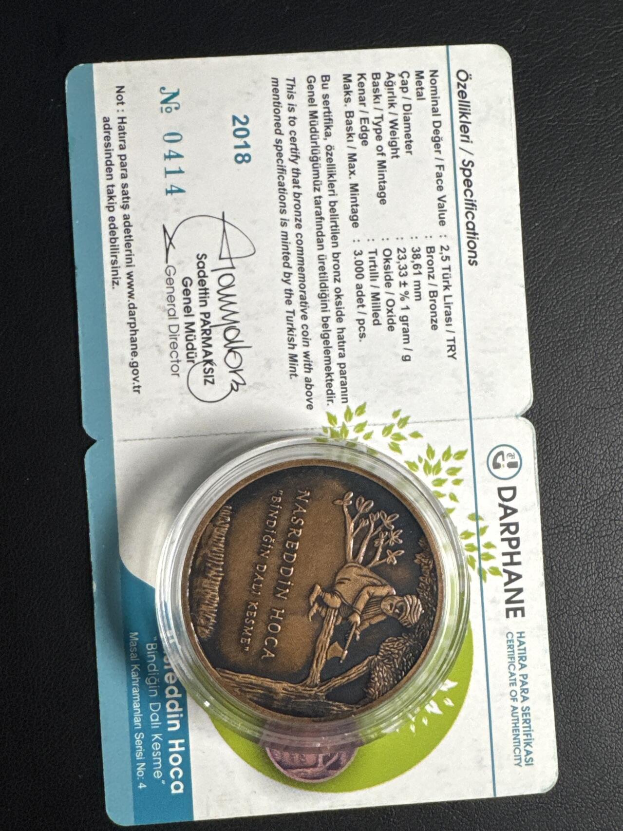 ❤️【币观天下】❤️ 第333期钱币拍卖- 2025.12.5周五晚上6点半场-长期征集拍品 土耳其2018年阿凡提民间故事系列仿古纪念铜币第四枚