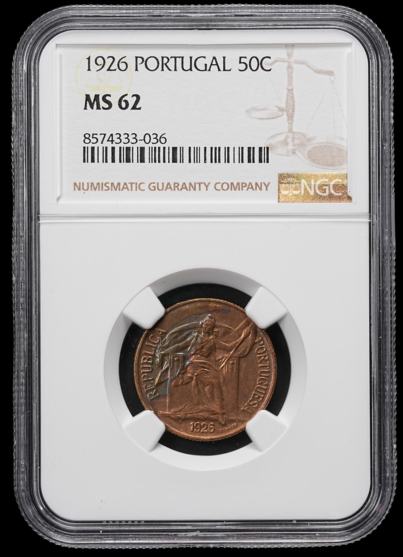 修遠堂世界钱币第九十六期 NGC MS62 1926年葡萄牙50分