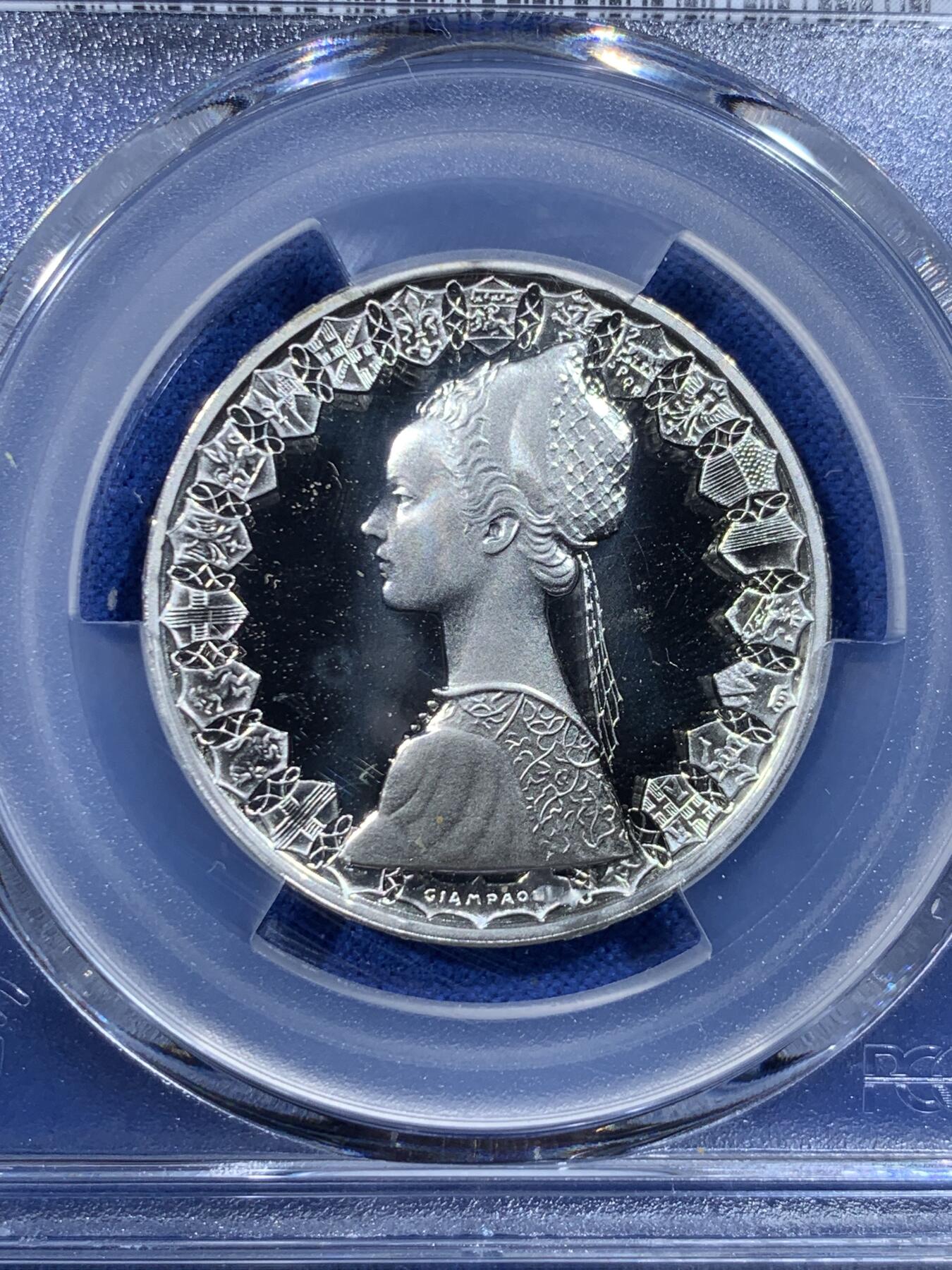 《竞宝斋》第444场 周日，周一，2场连拍 （全场包邮） 亚军分 PCGS PR68DCAM 意大利 1985年 帆船少女 精制500里拉银币 首年发行的精制 镜面光十足