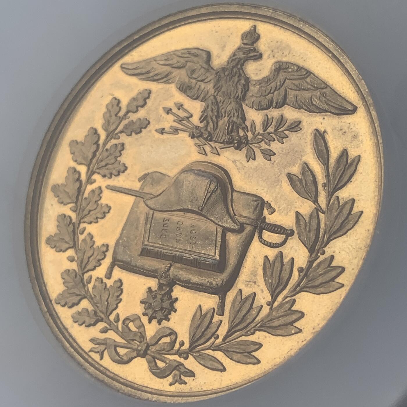 掌中浮雕-藏着的欧洲第044场 NGC MS62 : 1869年法国拿破仑一世百年诞辰纪念镀金大铜章，50mm，光边无边铭