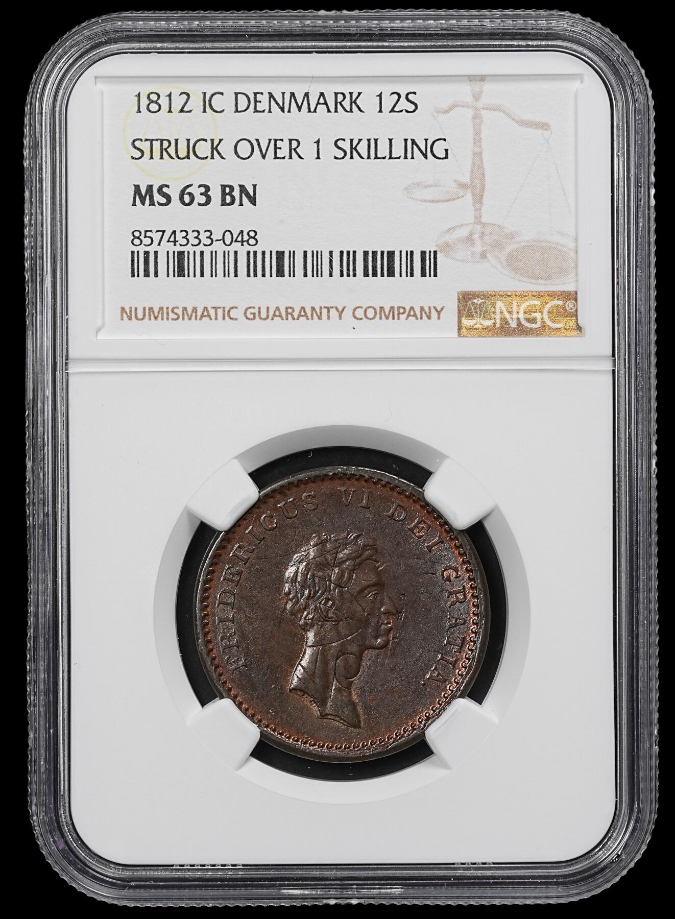 修遠堂世界钱币第九十六期 NGC MS63BN 1812年丹麦12 SKILLING铜币 打在1771年1 SKILLING铜币上