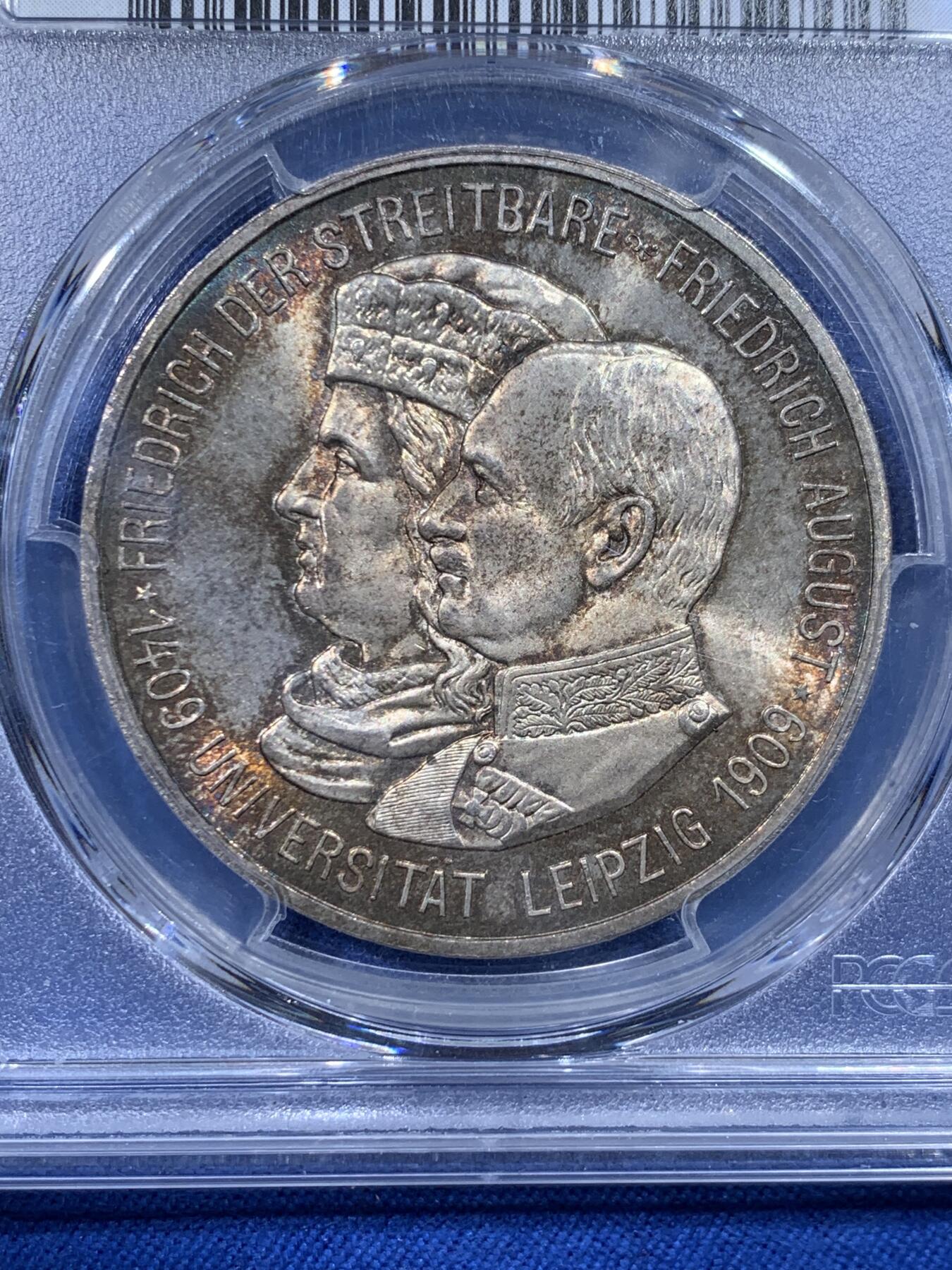 《竞宝斋》第444场 周日，周一，2场连拍 （全场包邮） PCGS MS66 德国1909年萨克森莱比锡大学创校500周年纪念流通5马克 金闪闪的包浆裹身 顶级收藏选择