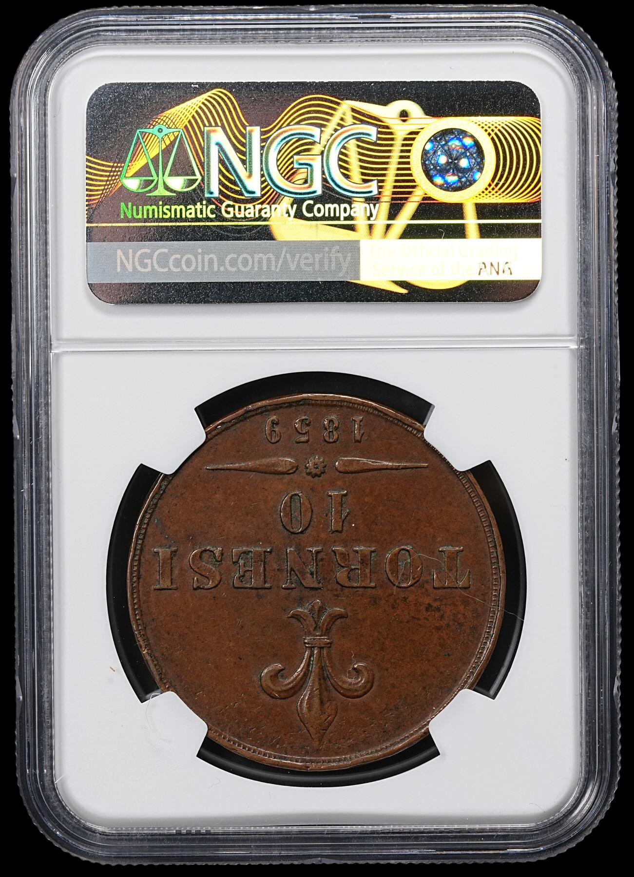 修遠堂世界钱币第九十六期 NGC AU58BN 1859年那不勒斯和西西里王国10 TORNESI特大铜币 有分难得