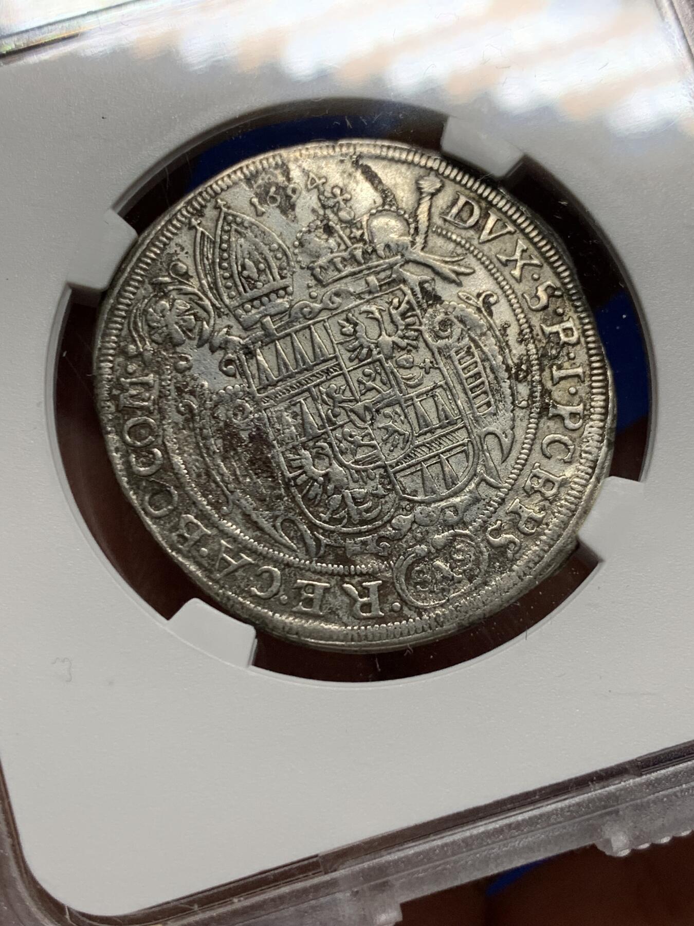 《竞宝斋》第444场 周日，周一，2场连拍 （全场包邮） TQG AUD 神圣罗马帝国 波希米亚王国奥洛穆茨主教区 1694年 15克鲁泽打制银币 细节较好 稀缺品种