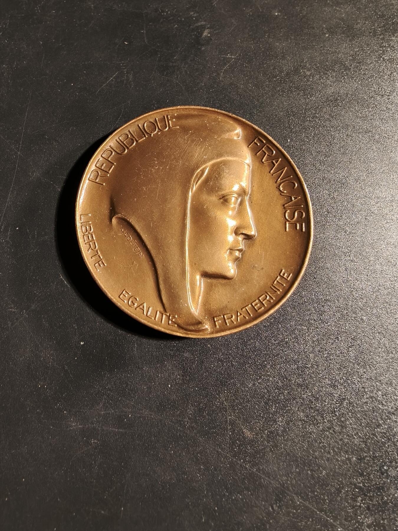 老王徽章第167期 法国维埃纳市参议员赠大铜章      直径50mm.    重量67.4g