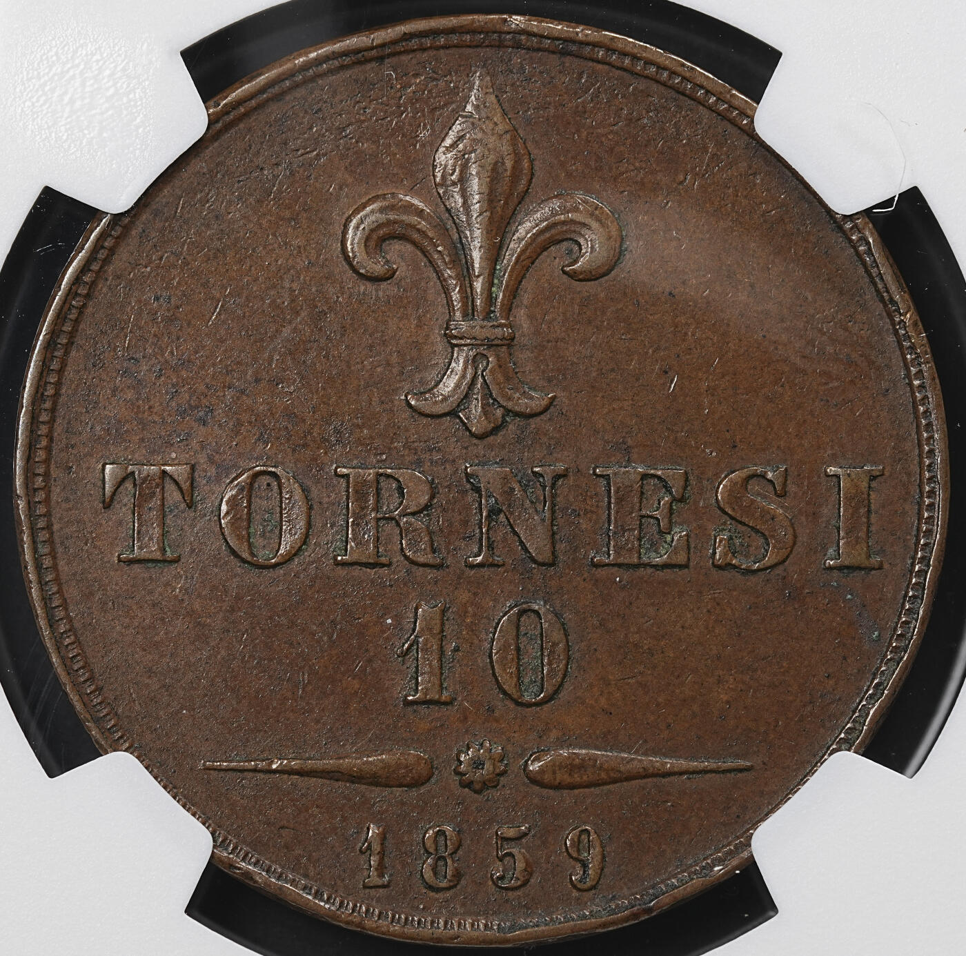 修遠堂世界钱币第九十六期 NGC AU58BN 1859年那不勒斯和西西里王国10 TORNESI特大铜币 有分难得