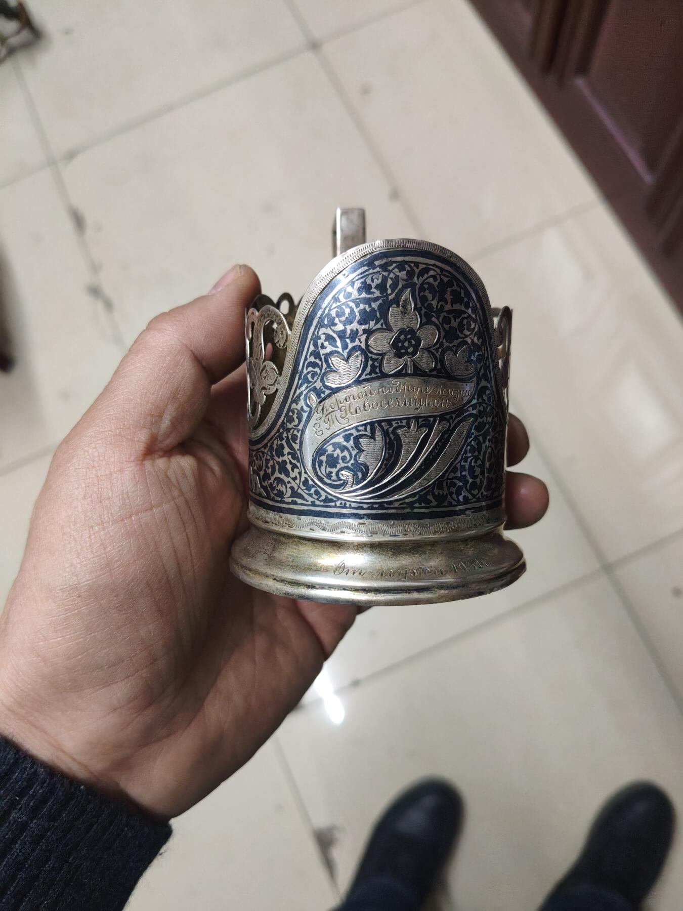 老银件 苏联镶嵌乌银工艺老银制杯托