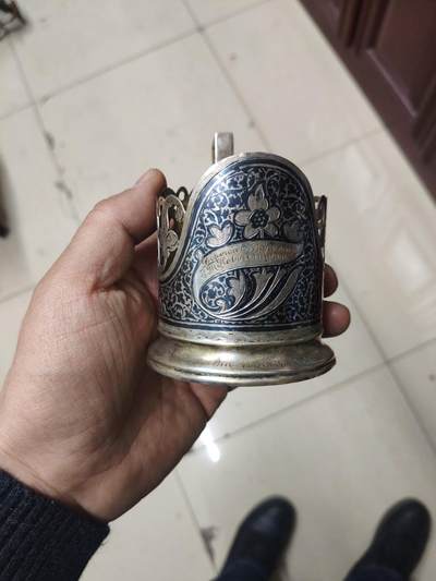老银件 - 苏联镶嵌乌银工艺老银制杯托