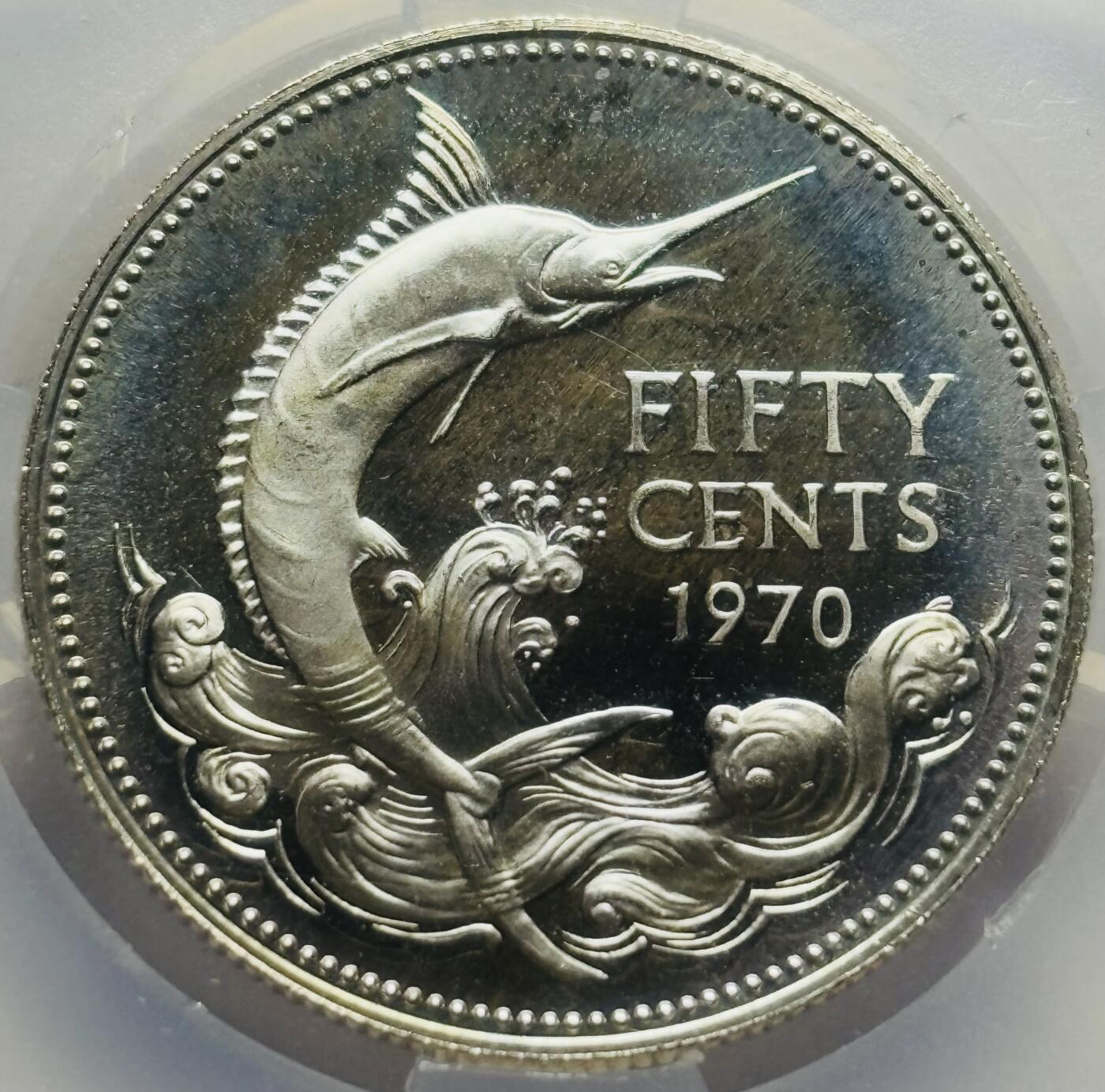 文馨钱币收藏第 283 场，【大雪鉴珍，寒英缀金】金银纪念币精品场，诚邀您的参与【长期接代拍品】 1970 年英属巴哈马 50 分精制银币 CSIS 评级 PF66 分