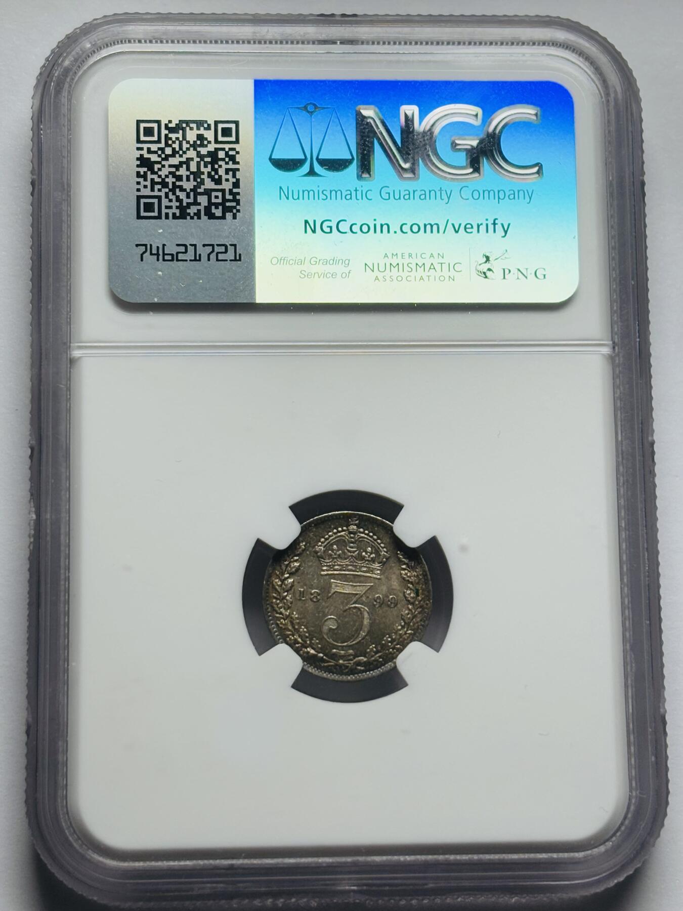 文馨钱币收藏第 283 场，【大雪鉴珍，寒英缀金】金银纪念币精品场，诚邀您的参与【长期接代拍品】 1899 年英国维多利亚女王 3 便士银币，NGC 评级 MS64 分，经典老包浆泛彩，入眼舒服