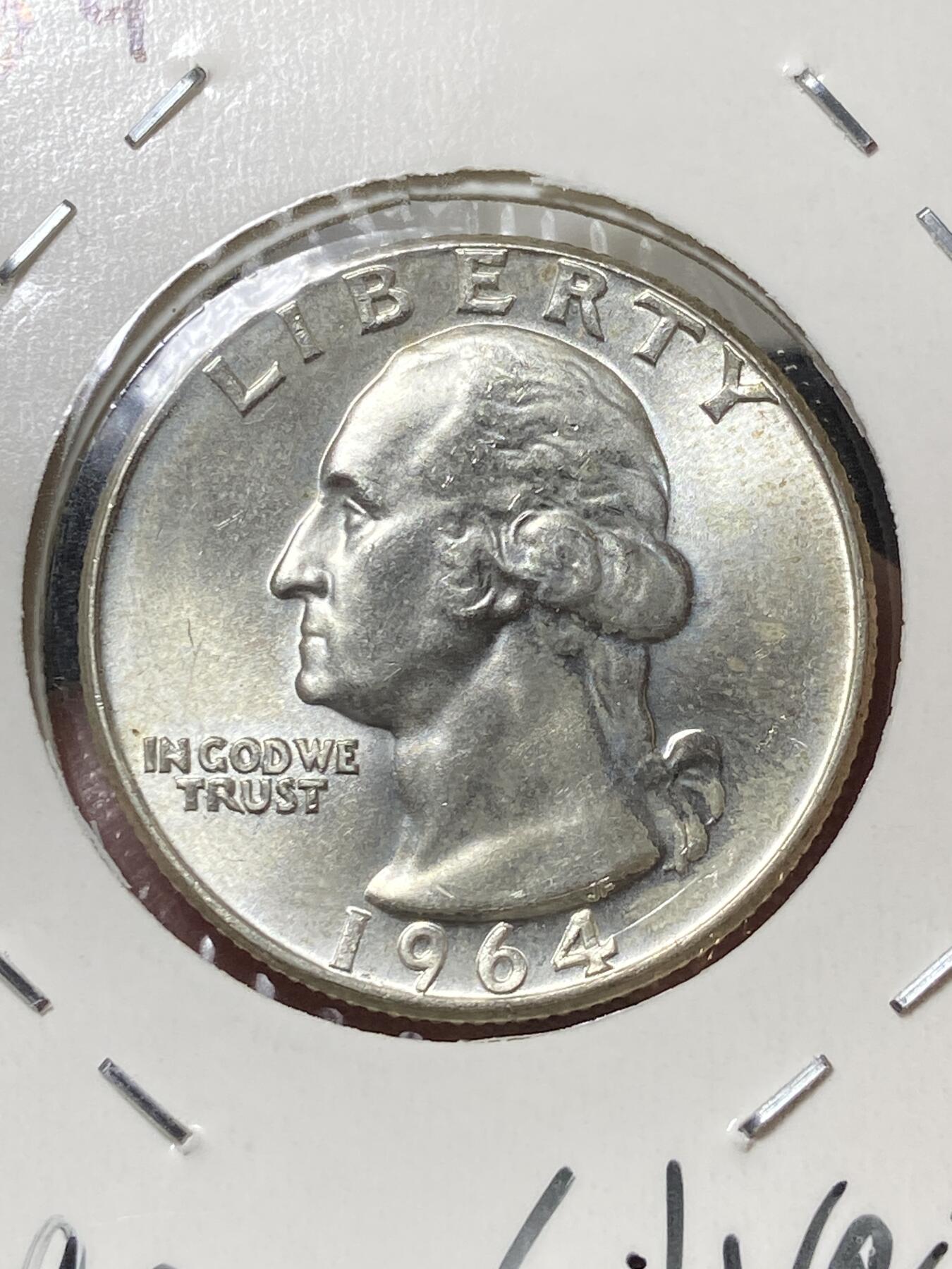 2025年第一百三十三场(总第一百五十九场）外国好品纸夹散币场(免佣金) 原光未流通–美国🇺🇸1964年1/4元银币(华盛顿1/4元第一版关门年，无标版，900高银)