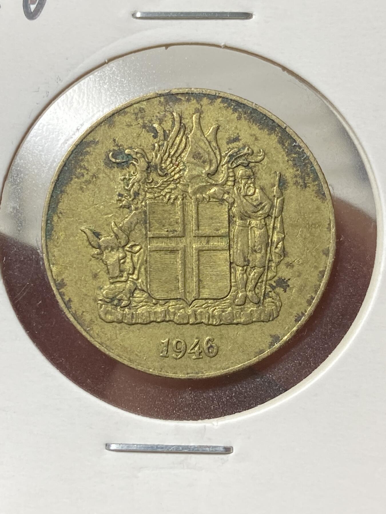 2025年第一百三十三场(总第一百五十九场）外国好品纸夹散币场(免佣金) 少见品种–冰岛🇮🇸1946单年份1克朗(独立后首套流通硬币第一版)