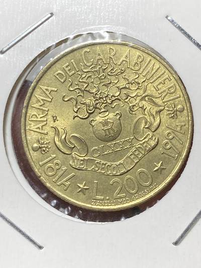 2025年第一百三十三场(总第一百五十九场）外国好品纸夹散币场(免佣金) - 意大利🇮🇹1994单年份200里拉(宪兵队成立180周年纪念币)