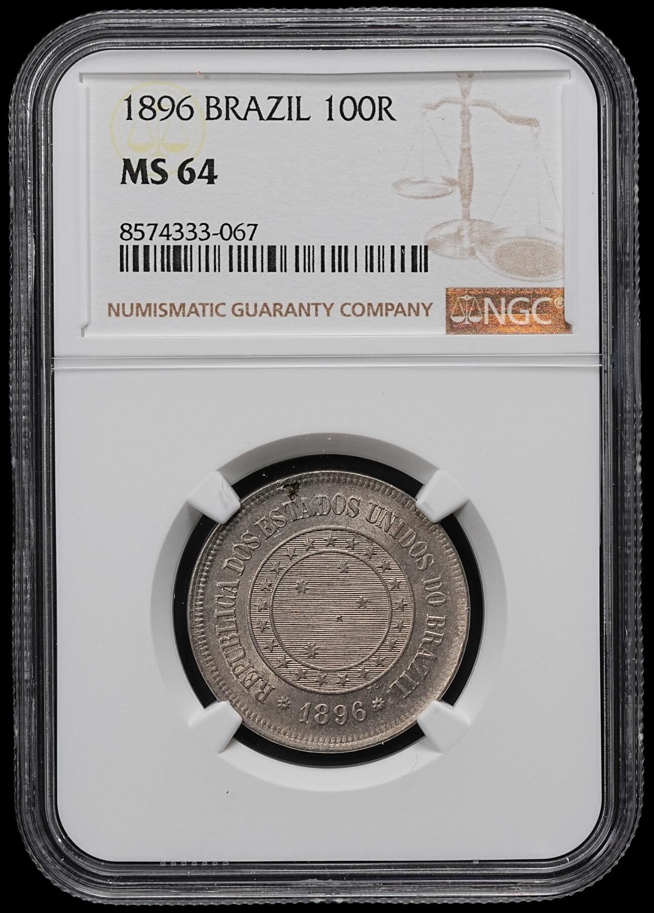 修遠堂世界钱币第九十六期 NGC MS64 1896年巴西100 REIS
