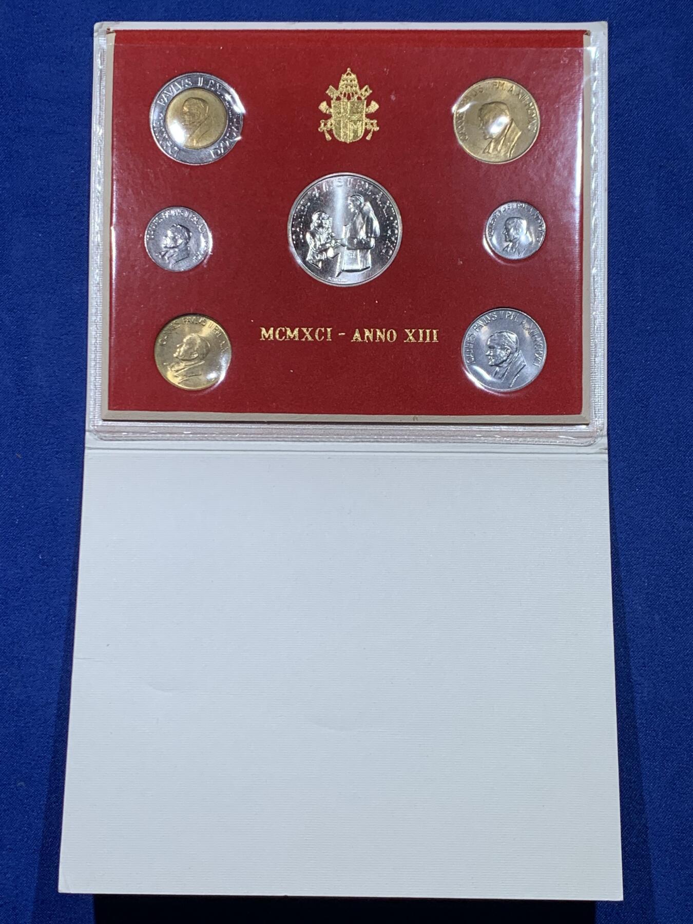 《竞宝斋》第444场 周日，周一，2场连拍 （全场包邮） 梵蒂冈1991年7枚套币，含1000里拉银币。