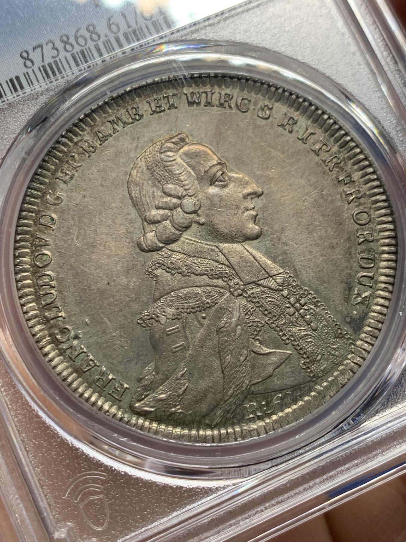 《竞宝斋》第444场 周日，周一，2场连拍 （全场包邮） PCGS MS61 维尔茨堡主教区 1791年 泰勒大银币 包浆自然 小天使鼻尖清晰 更高分只有3枚 确实不易