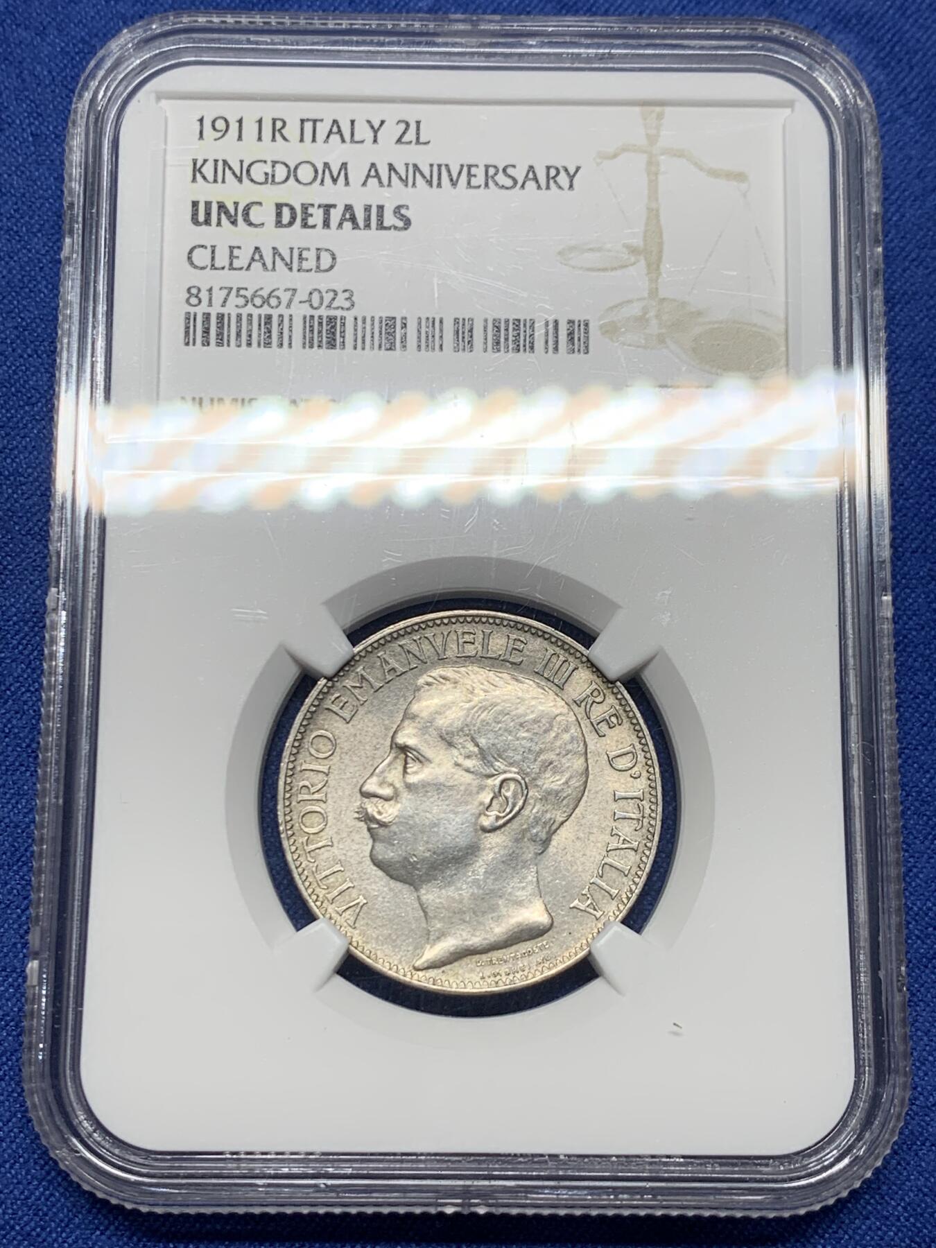 《竞宝斋》第444场 周日，周一，2场连拍 （全场包邮） NGC UNCD 意大利 1911年 2里拉建国纪念银币 经典品种 细节不错