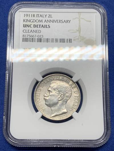 《竞宝斋》第444场 周日，周一，2场连拍 （全场包邮） - NGC UNCD 意大利 1911年 2里拉建国纪念银币 经典品种 细节不错