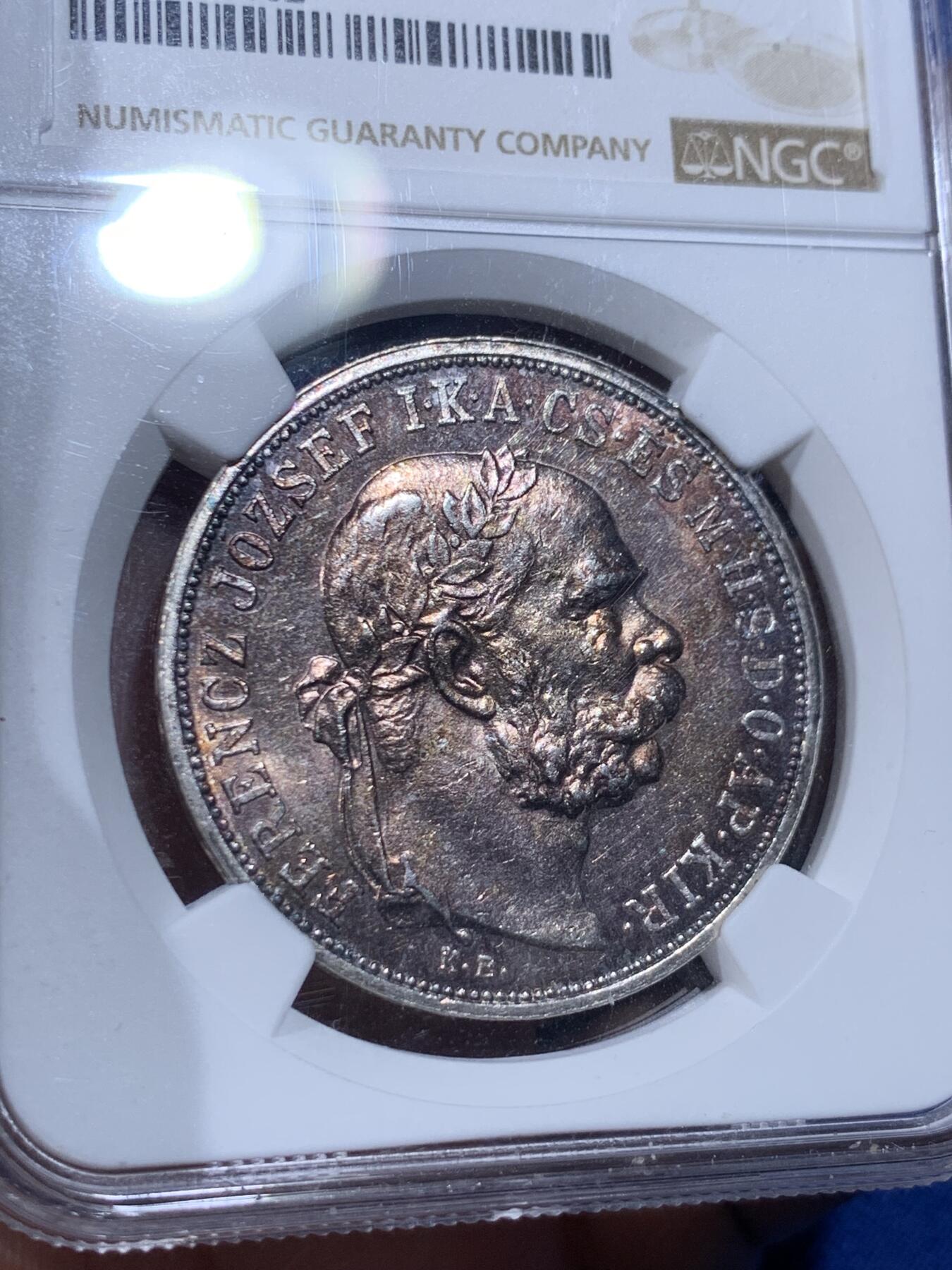 《竞宝斋》第444场 周日，周一，2场连拍 （全场包邮） NGC PF58 匈牙利1909年奥匈帝国弗兰茨5克朗双天使精制银币，后铸版，原汁原味老包浆，包浆醇厚，状态极佳。